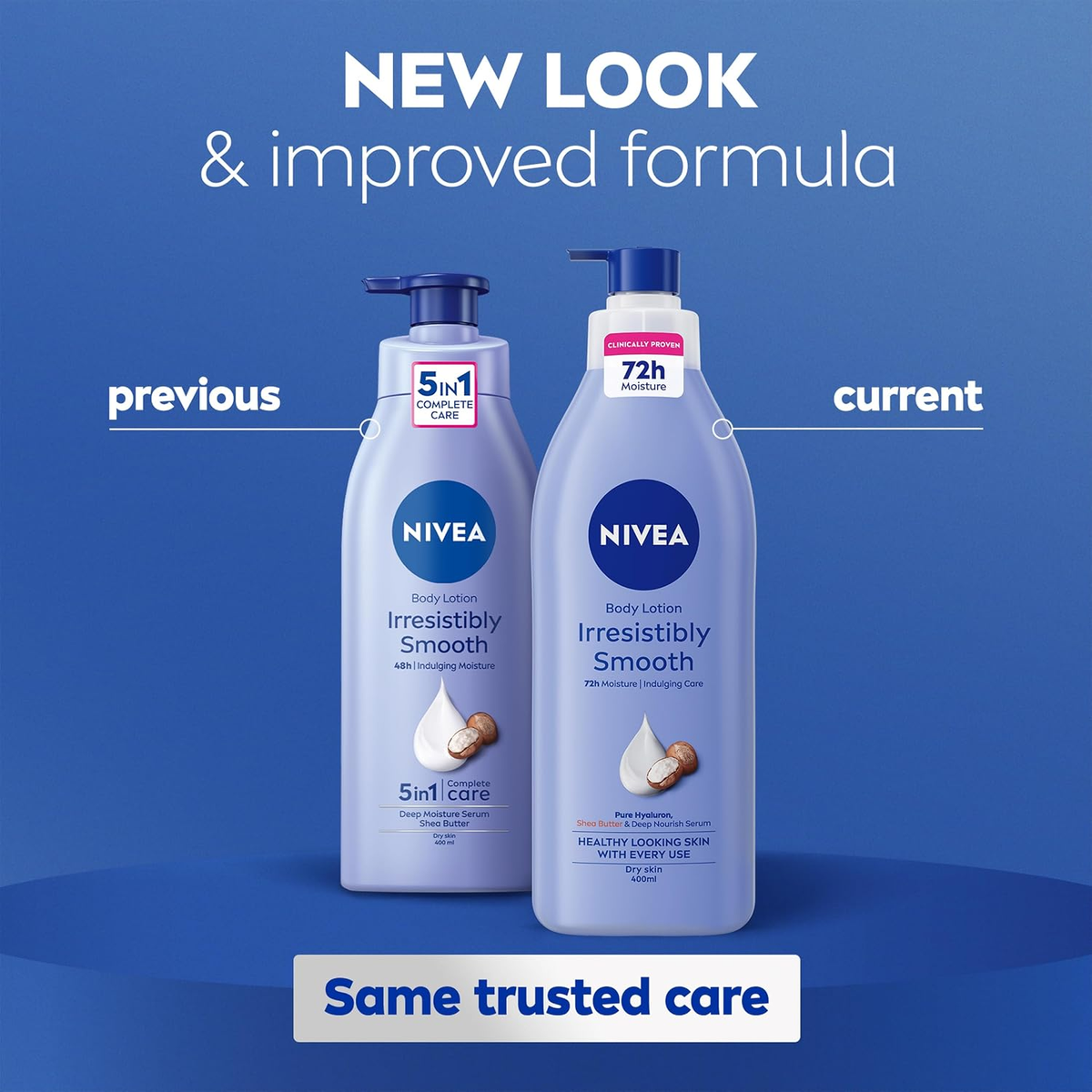 Previous and current Nivea Irresistibly Smooth bottle designs side by side