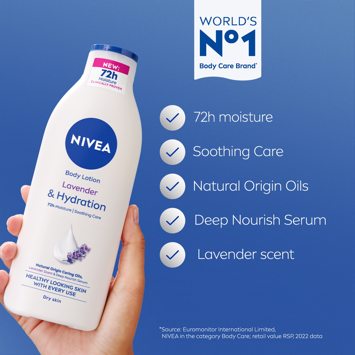 Nivea Lavender lotion care features graphic with bottle held in a hand