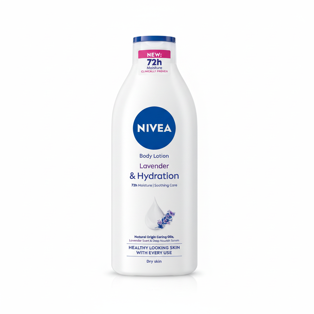 Nivea Lavender & Hydration body lotion bottle labelled 72-hour moisture