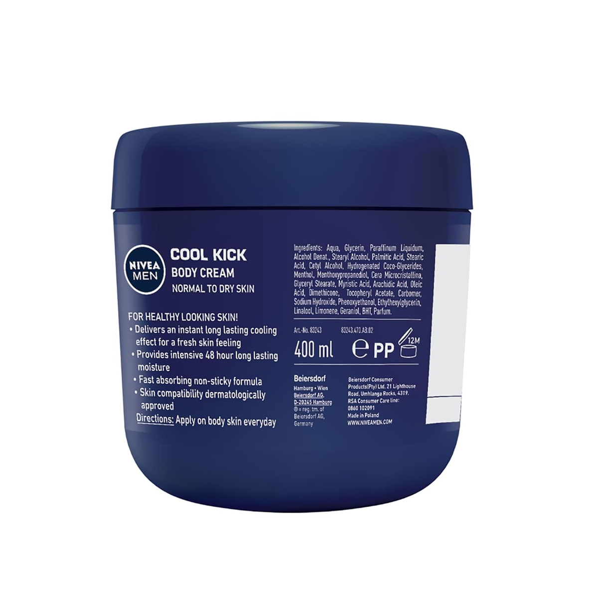 Back of Nivea Men Cool Kick 400 ml jar showing cooling claims, ingredients and daily directions