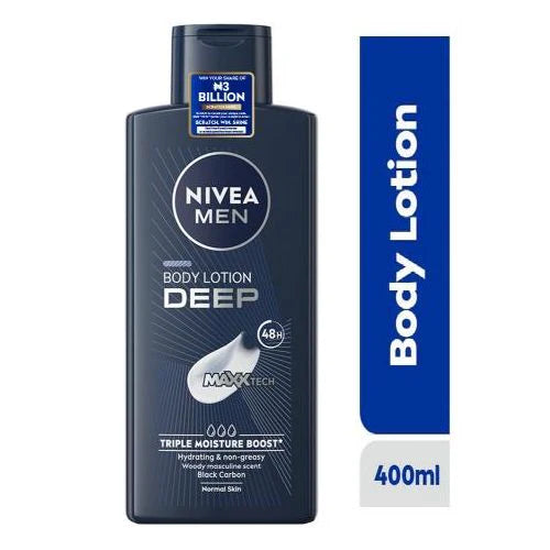 Nivea Men Deep 400 ml body lotion bottle beside blue body lotion label