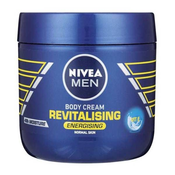 Nivea Men Revitalising Energising Body Cream jar labelled vitamin E and normal skin