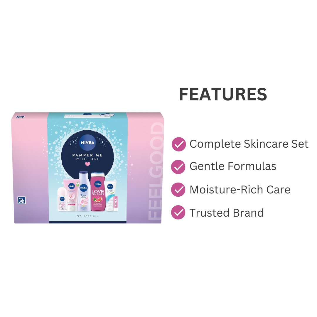 Pamper Me With Care gift box and skincare features graphic
