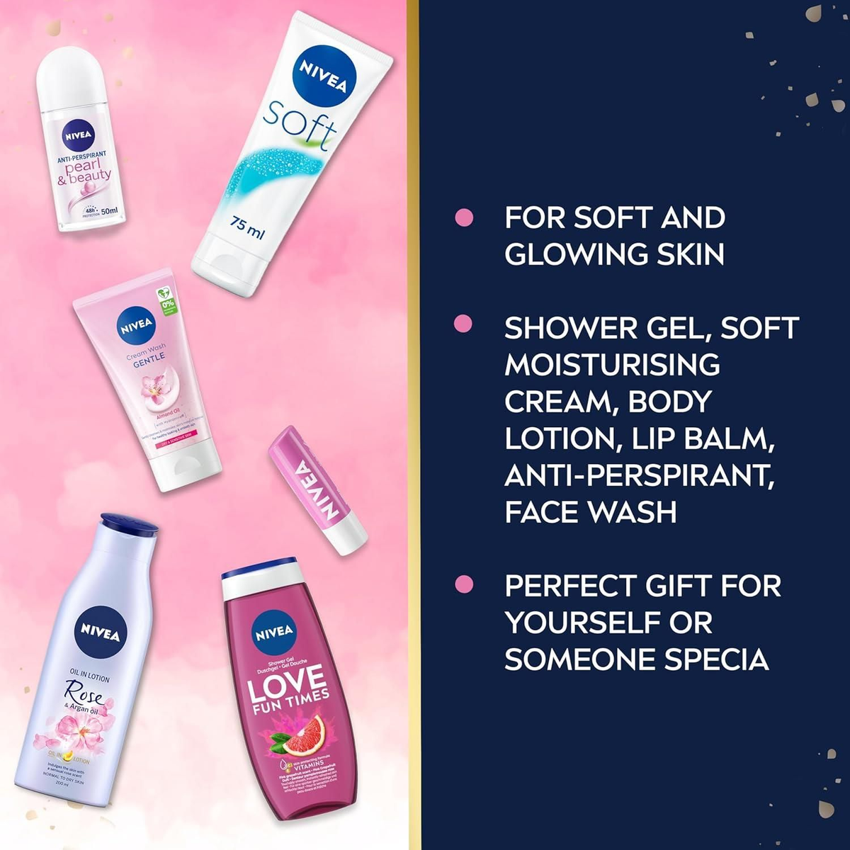 Pamper Me With Care six products on pink background beside gift description