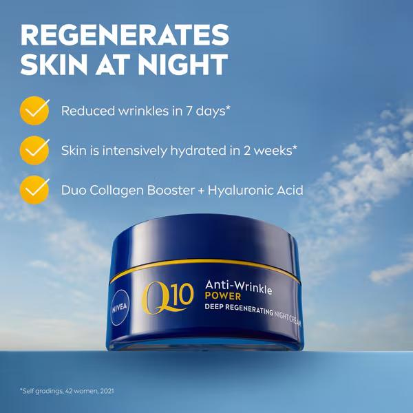 Nivea Q10 night cream jar with overnight hydration and wrinkle-care graphic