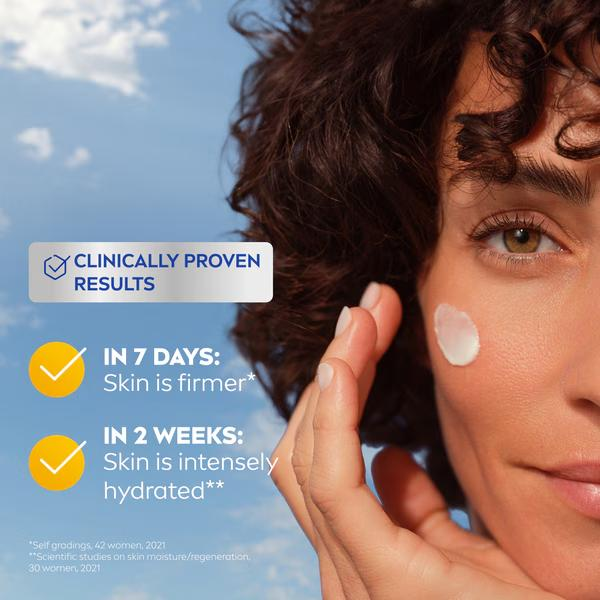Close crop of Nivea Q10 night cream application and results graphic