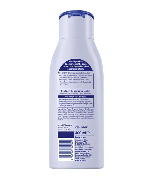 Nivea Vanilla & Almond Oil lotion back label