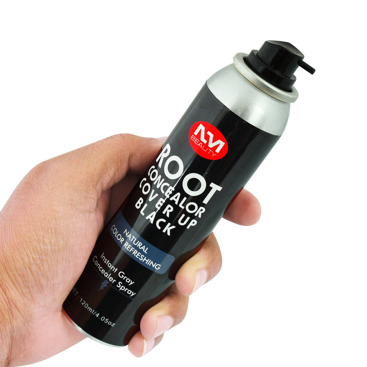 NM Beauty Root Concealer Spray Black bottle and nozzle detail