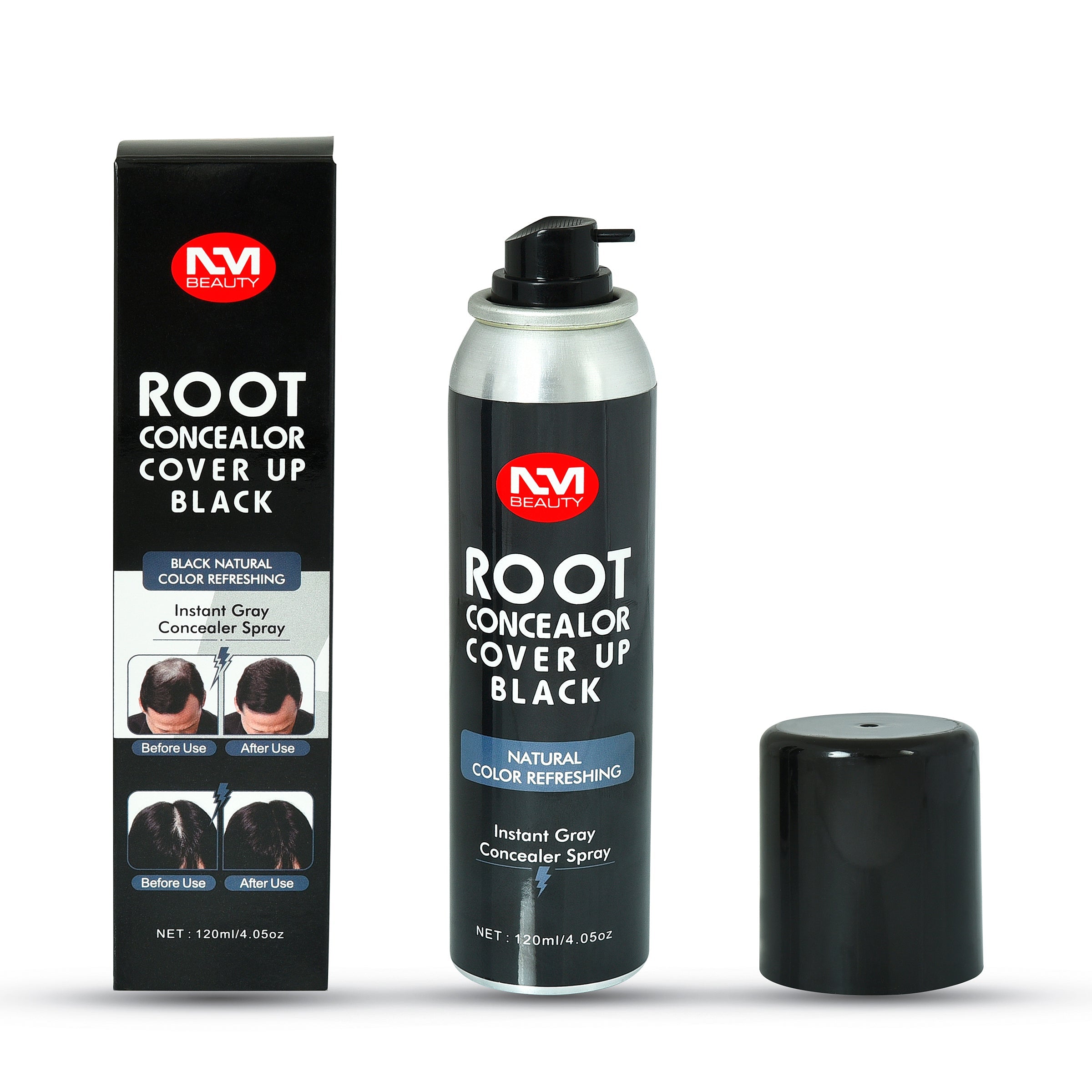 NM Beauty Root Concealer Spray Black bottle, box and cap