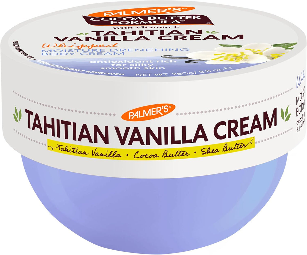 Palmer's Cocoa Butter Formula Tahitian Vanilla Whipped Moisture Drenching Body Cream 250 g tub shown at an angle with lid label