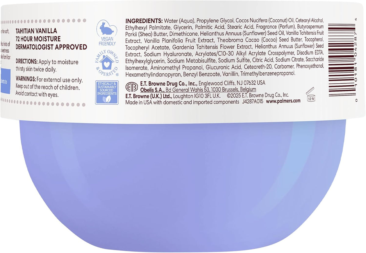 Back label of the Palmer's Tahitian Vanilla Whipped Body Cream tub showing directions, warnings, ingredient list and barcode