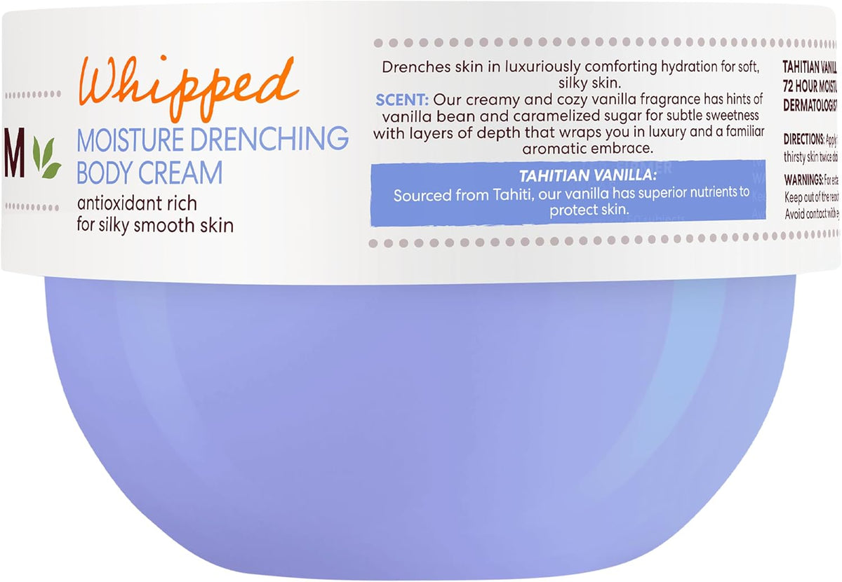 Side of the Palmer's Tahitian Vanilla Whipped Body Cream tub showing the Whipped Moisture Drenching Body Cream label and scent description