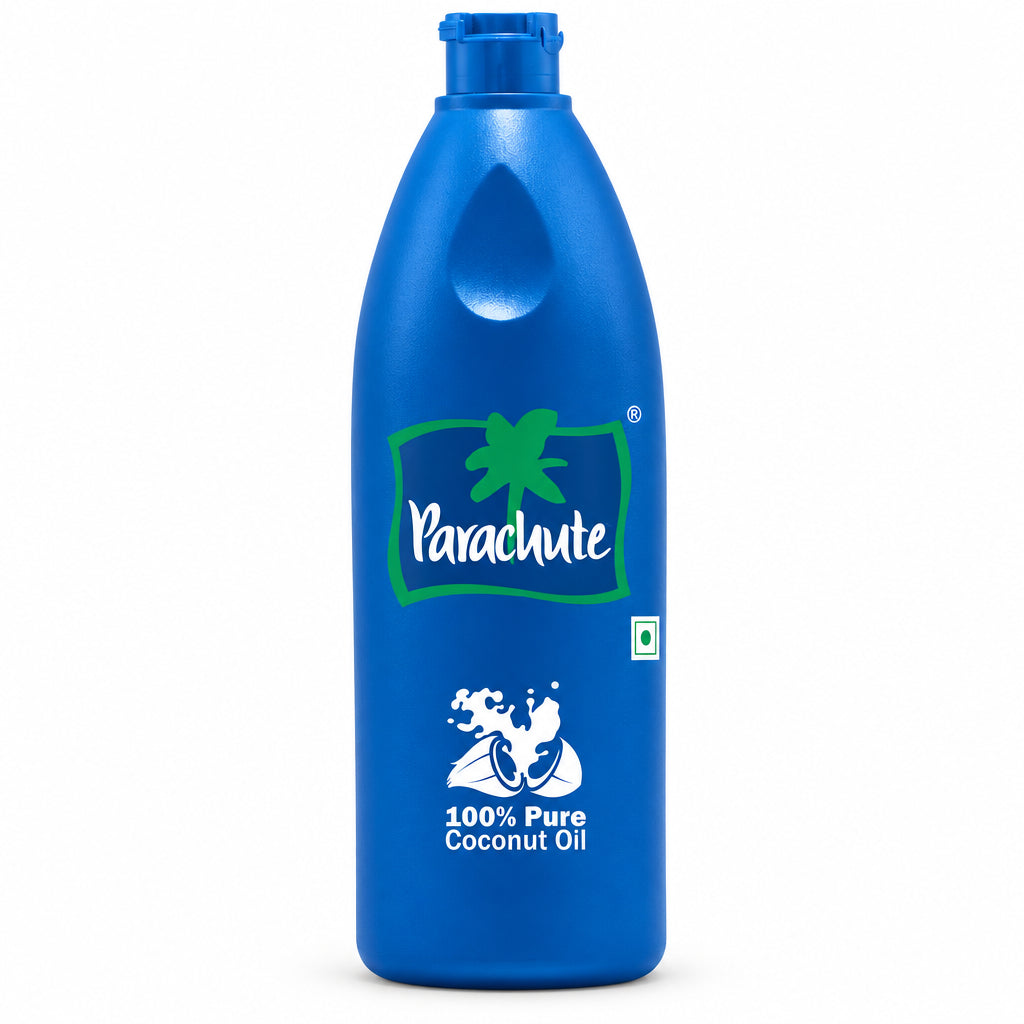 Parachute 100% Pure Coconut Oil 500 ml blue bottle with green Parachute logo and coconut icon, front view