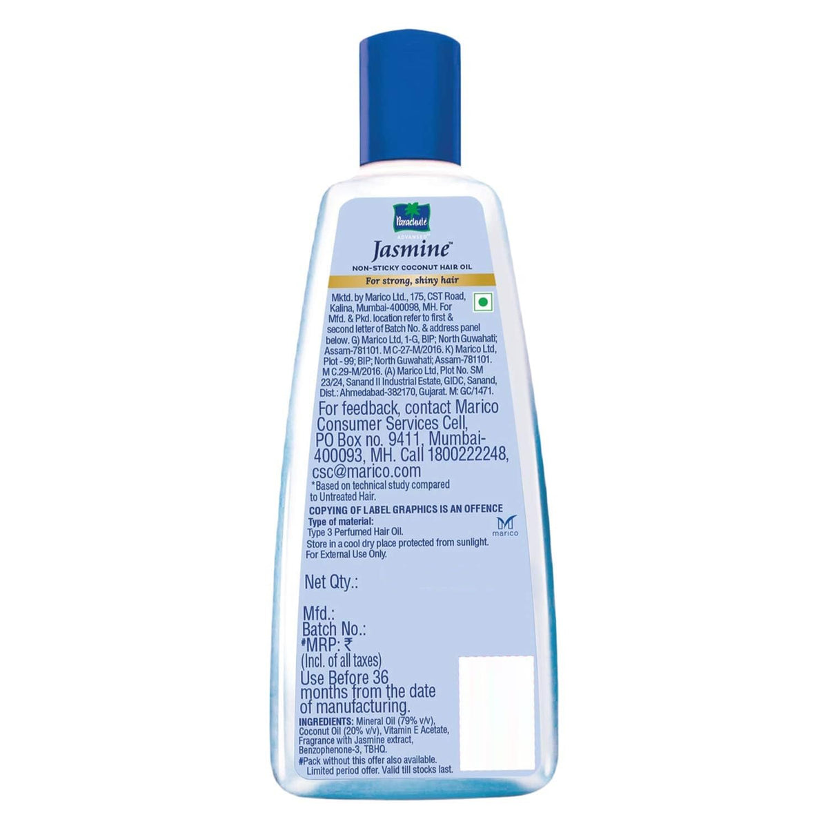 Back of the Parachute Advansed Jasmine hair oil bottle showing the label text, storage note and ingredients list