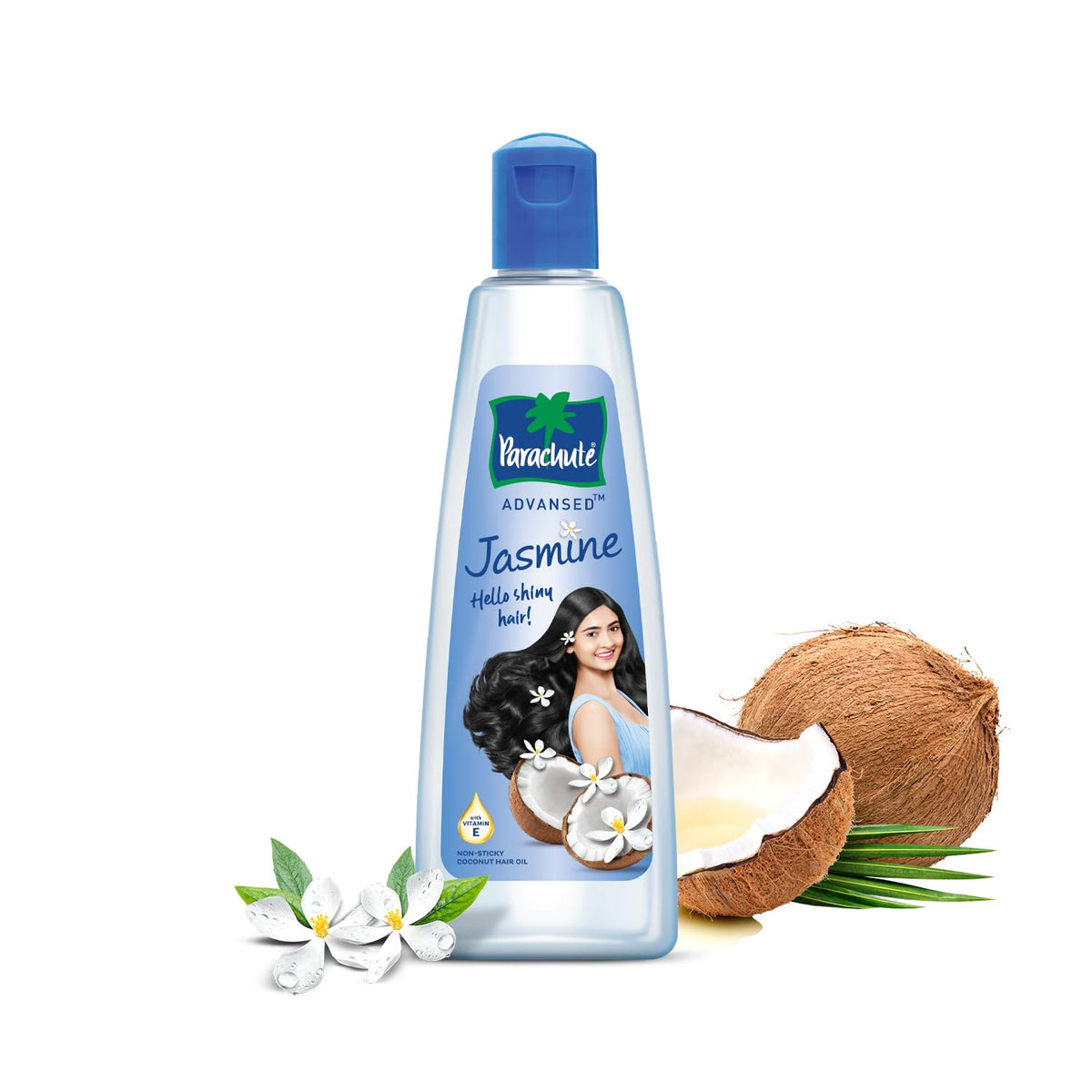 Parachute Advansed Jasmine Coconut Hair Oil 300 ml blue-capped bottle beside a halved coconut and white jasmine flowers