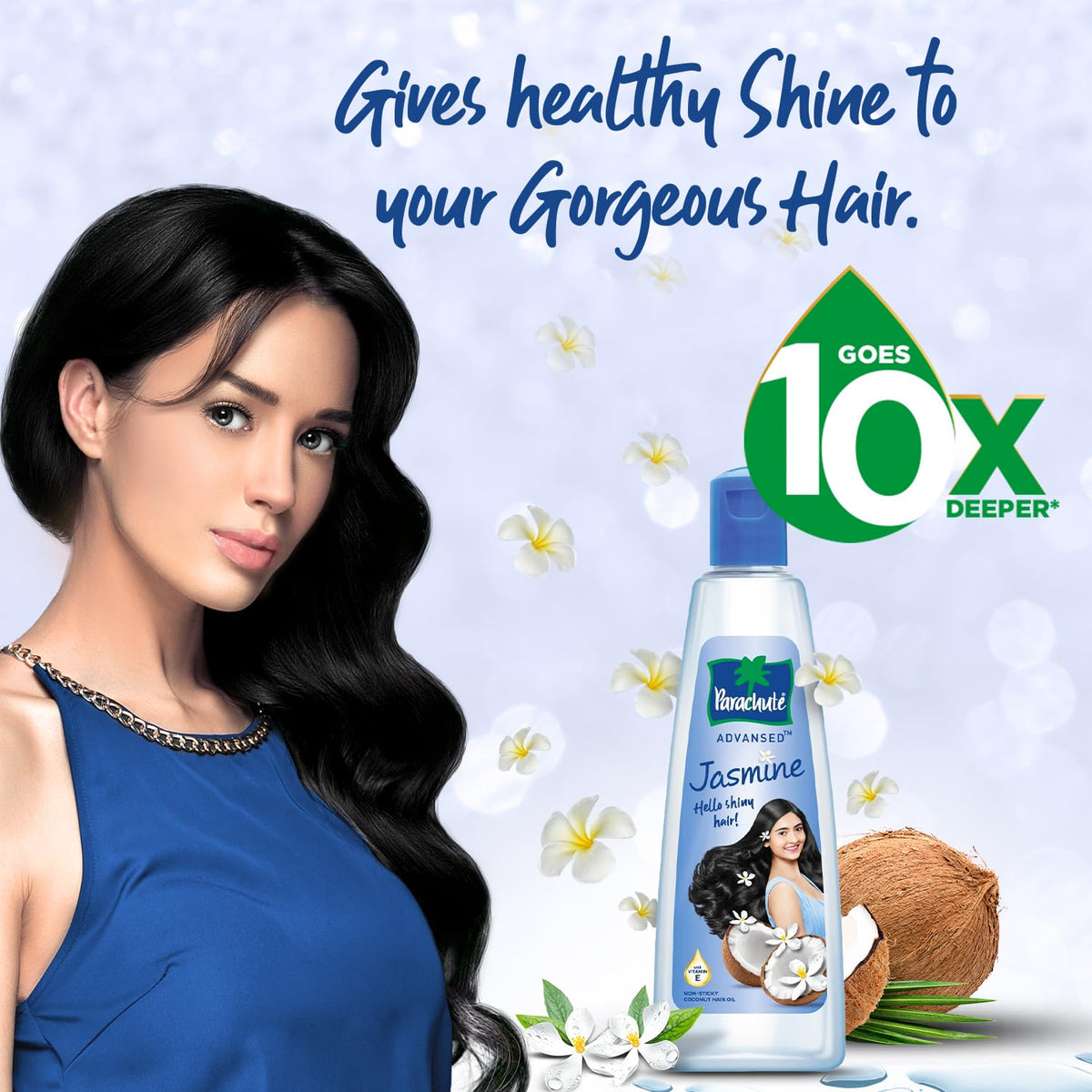 Woman with long dark hair beside the Parachute Advansed Jasmine bottle and white flowers, with a caption about healthy shine and a Goes 10x deeper badge