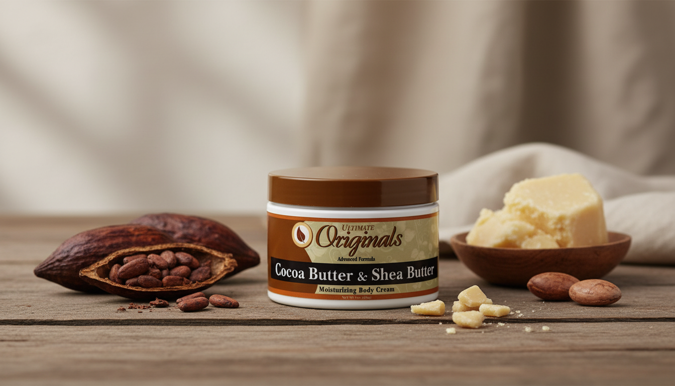 Jar of Cocoa Butter & Shea Butter on a wooden surface with cocoa beans and shea butter pieces.