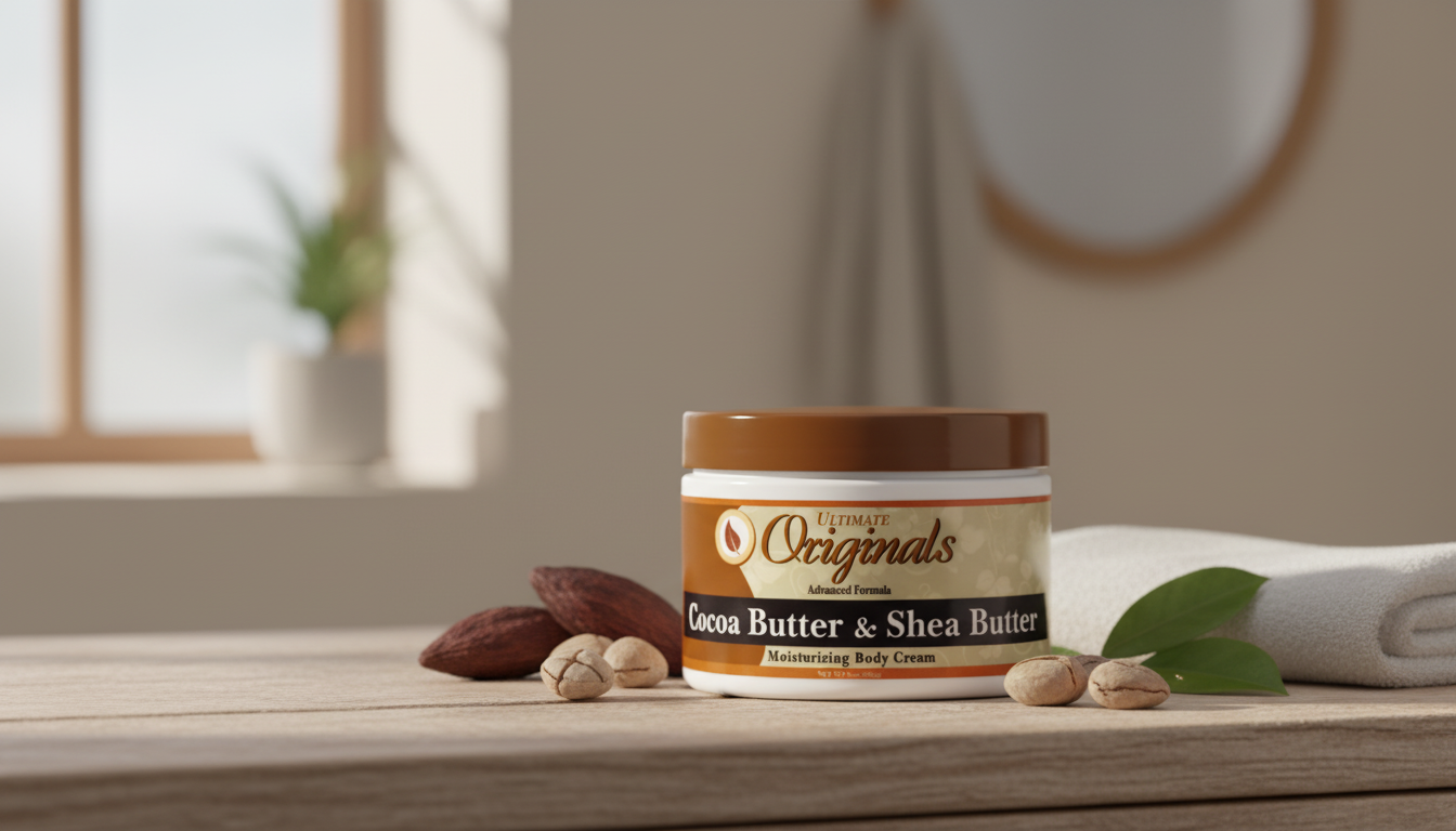 Jar of Cocoa Butter & Shea Butter on a wooden surface with shea nuts and leaves.