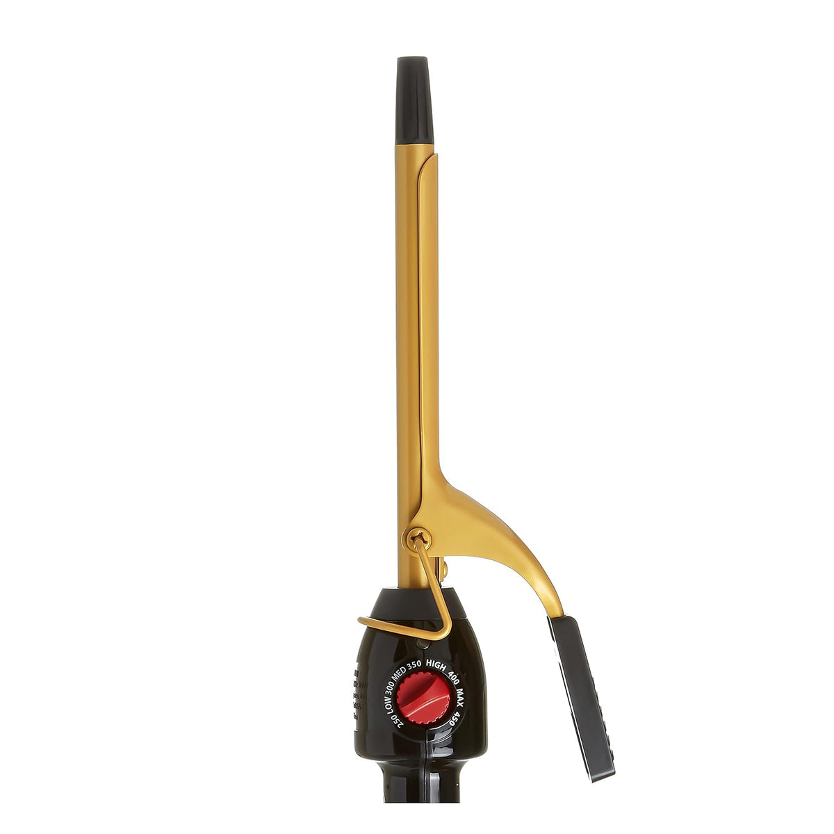 Close-up of the gold ceramic tourmaline barrel, spring clip, and pointed tip