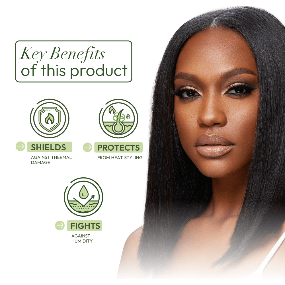 Woman with straight hair and key benefits of a hair product displayed on a white background