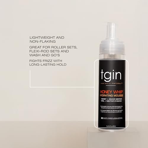Outlined mousse bottle beside callouts on lightweight non-flaking use, styling sets and frizz hold
