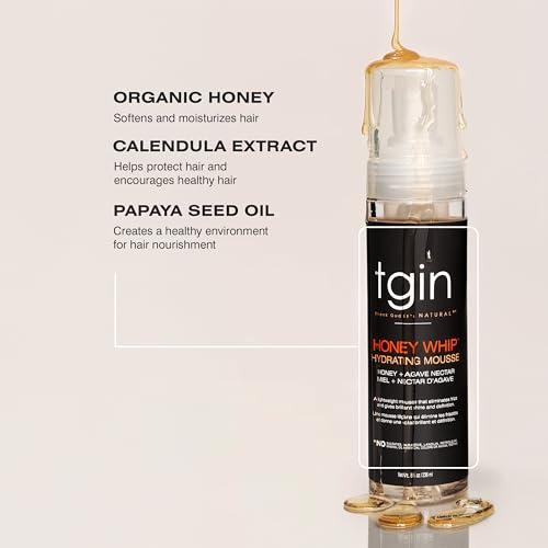 Mousse bottle with honey dripping over the pump beside callouts for honey, calendula extract and papaya seed oil