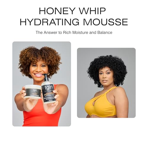 Honey Whip Hydrating Mousse heading above two portraits, one woman holding a tgin jar and bottle