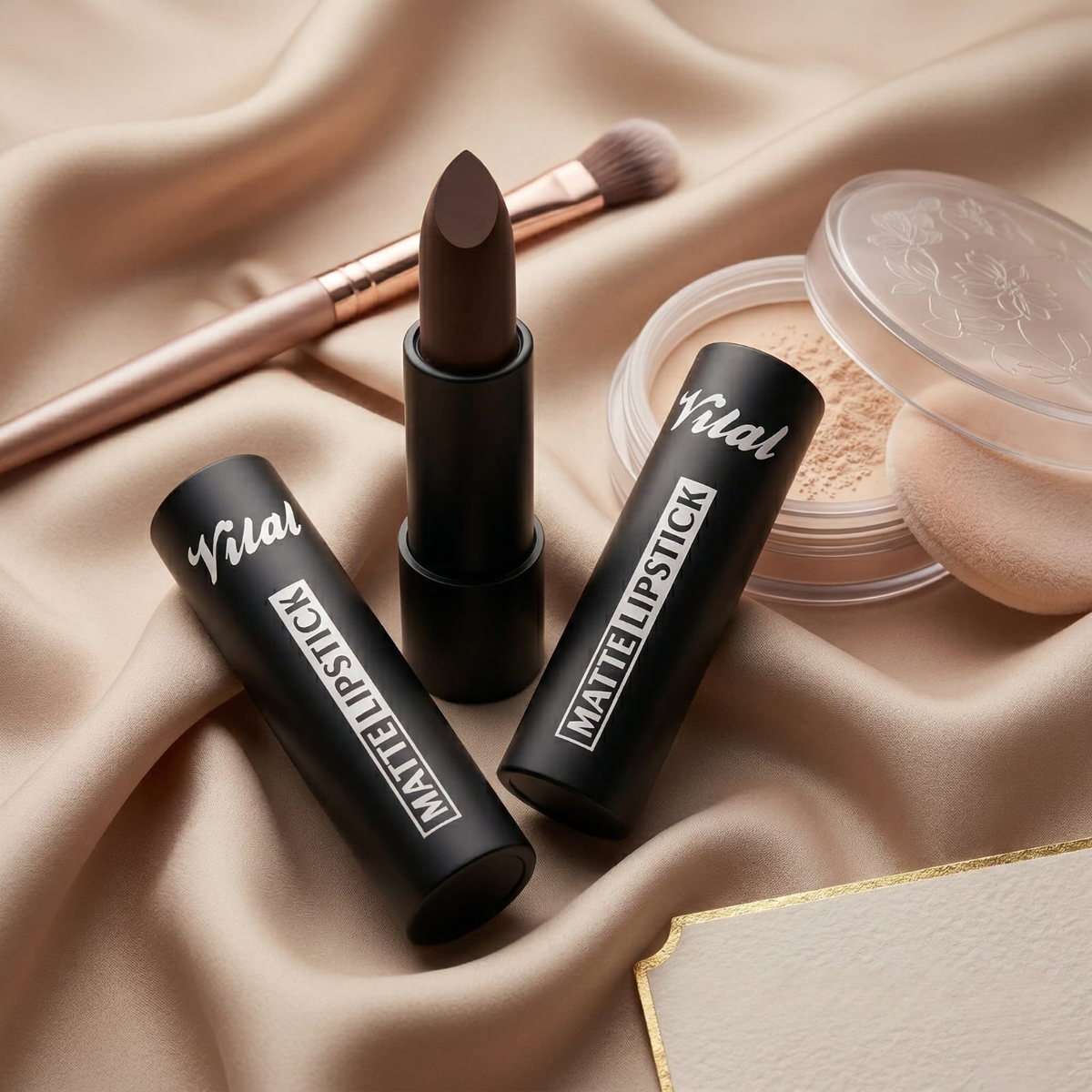 Three Vital Makeup Matte Lipsticks, one open in dark brown, on beige satin with a makeup brush and loose powder