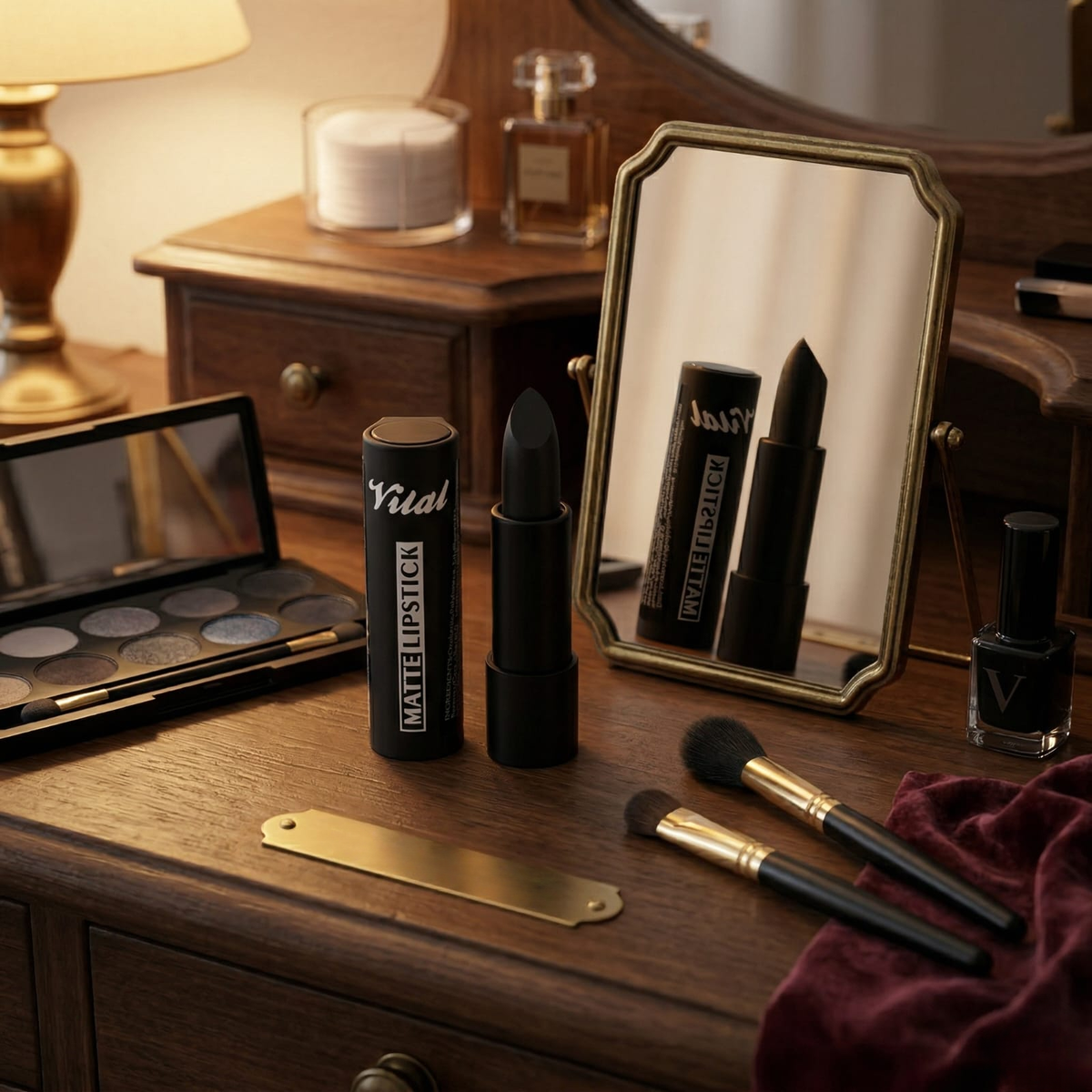 Vital Makeup Matte Lipstick in black on a dressing table with a mirror, eyeshadow palette and brushes